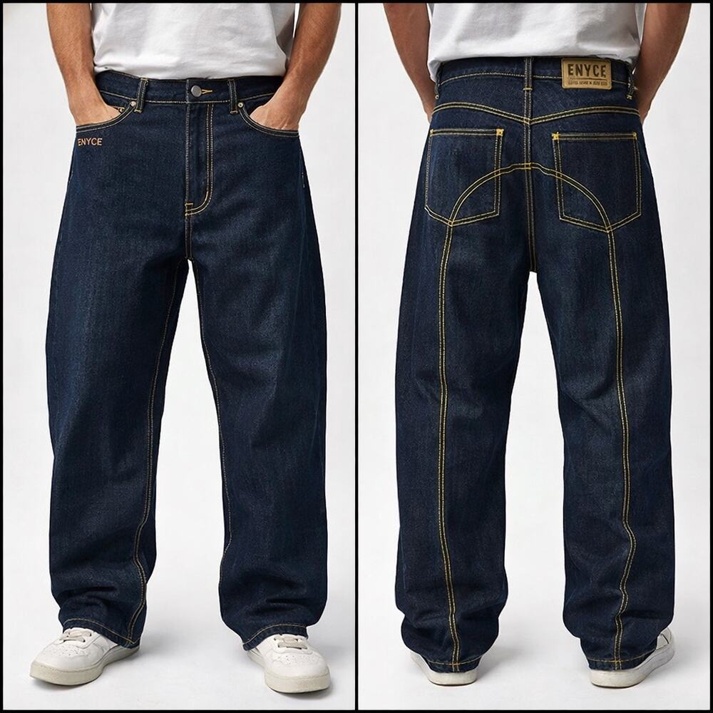 ENYCE Y2K Wide Leg Jeans Mens 34 Dark Wash Baggy Streetwear Denim